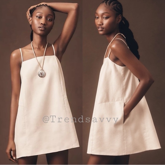 Anthropologie Mare Mare Linen Mini Dress Beige A-Line Square Neck XL NWT - Picture 3 of 5